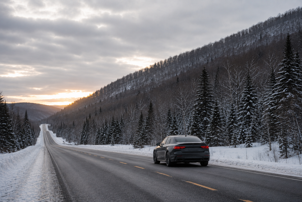 Berline allemande sur une route des Laurentides en hiver, près de Saint-Sauveur